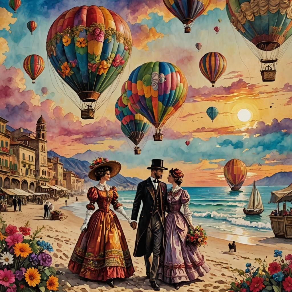 Italian Beach Sunrise with Couple in Mixed Media Style