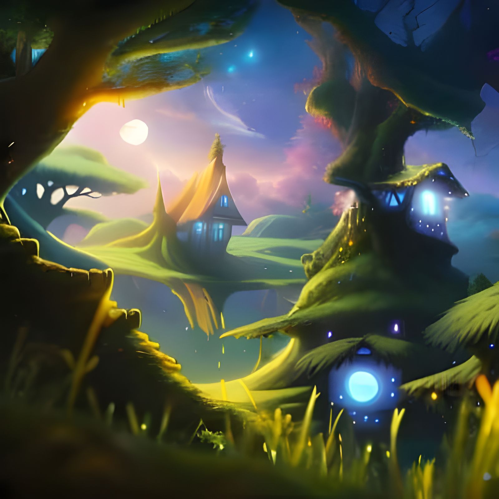 Magical Treehouse Village Under Starry Night