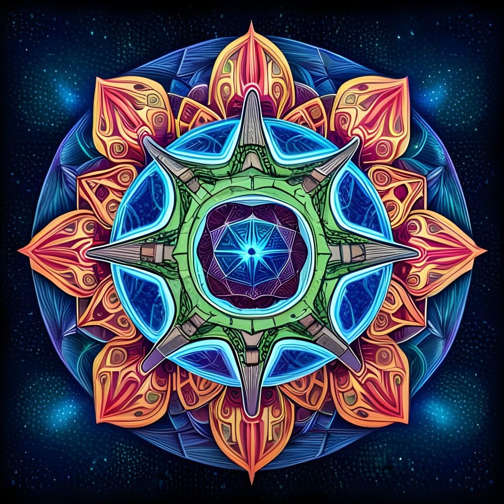 Neon Geometric Mandala with Alien in Astral Style
