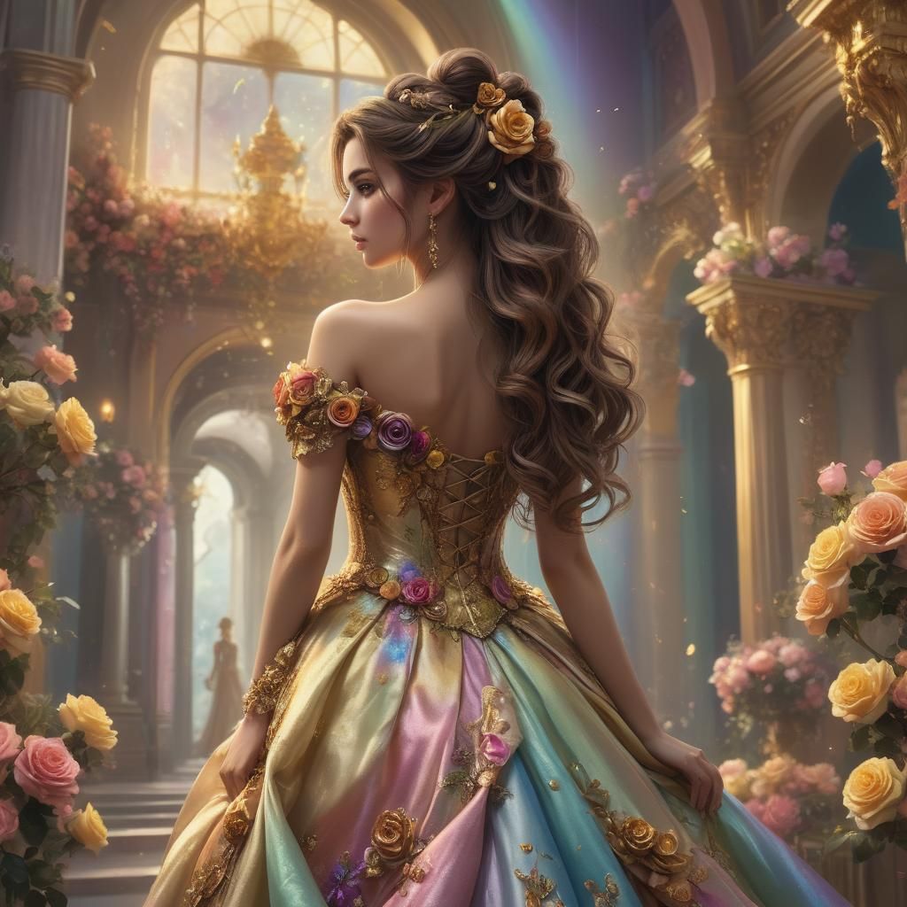 Girl in Rose Dress in Ballroom: Fantasy Art
