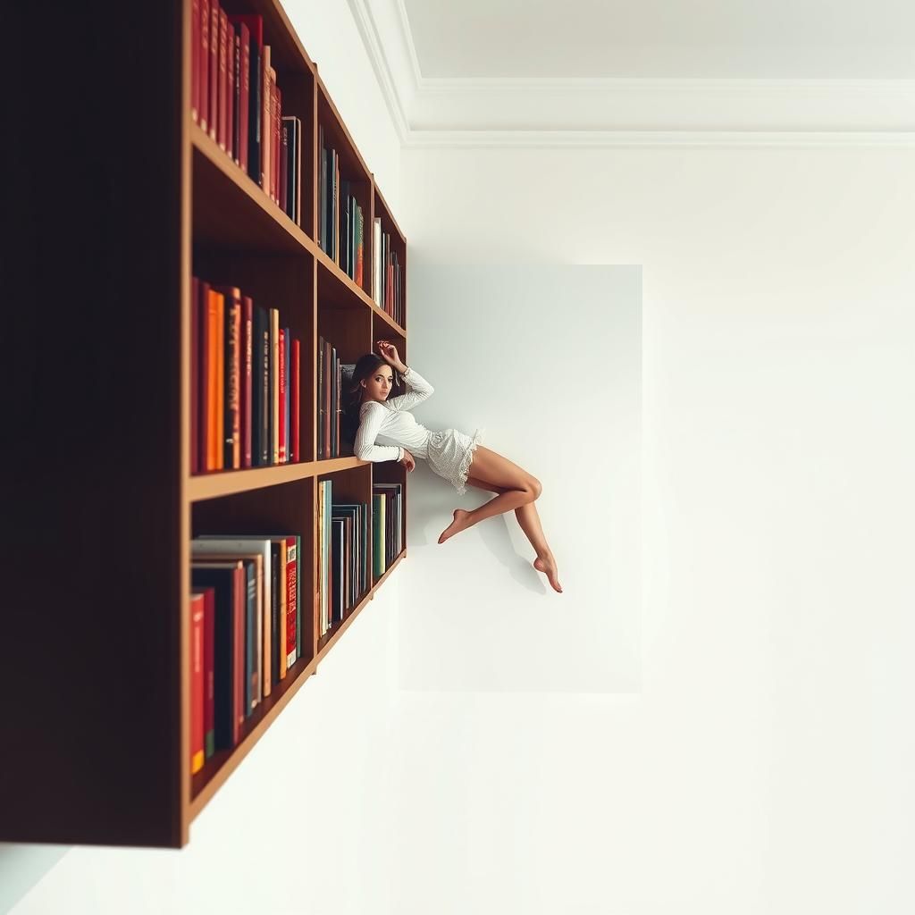 Surreal Girl Posing on Bookshelf