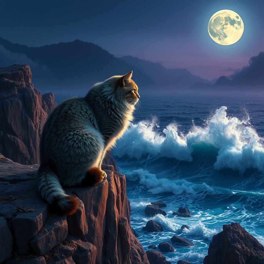 Serenely Majestic Cat Gazing at Moonlit Waves