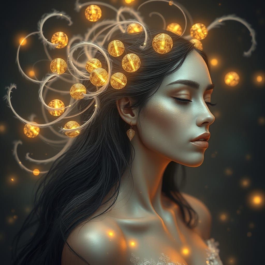 Ethereal Goddess with Iridescent Skin and Golden Jewels