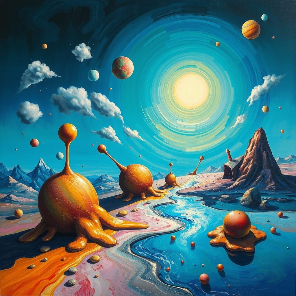 Surreal Landscape with Melting Objects and Vibrant Colors