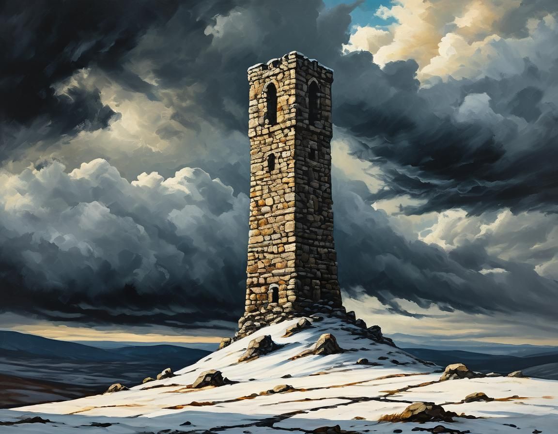 Solitary Stone Tower in Snowy Landscape, Acrylic Painting