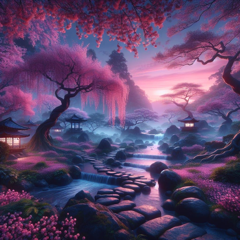 Twilight Serenity: Japanese Garden in Bloom