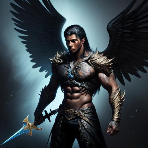 Dramatic Black Angel with Sword in Heaven