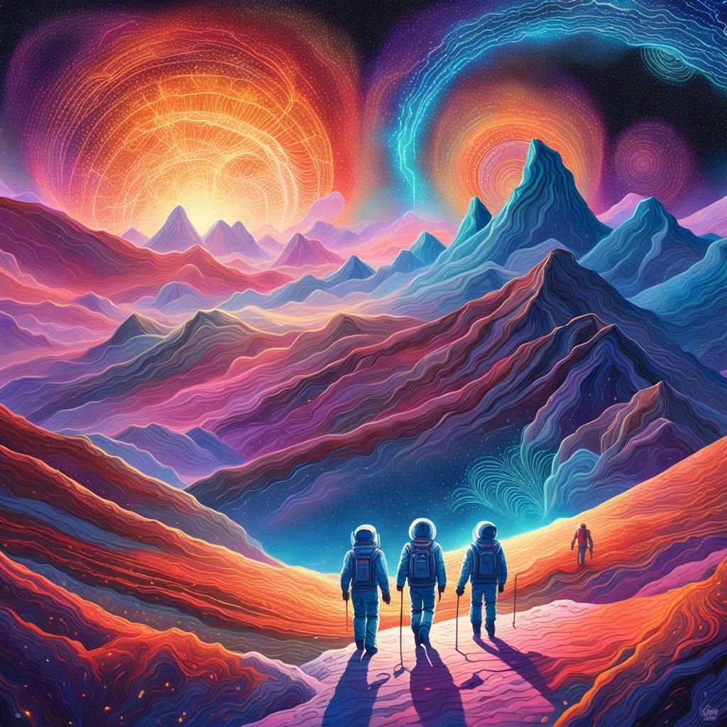 Pioneers Explore Stardust Valleys: A Cosmic Illustration