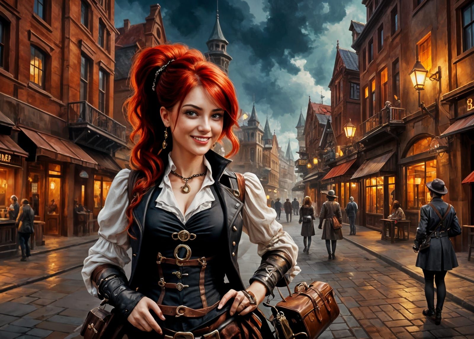 Steampunk Town Square: A Red-Haired Woman's Smile