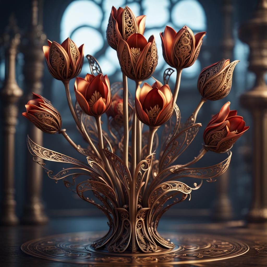 Steampunk Metal Tulip Filigree in Detailed Digital Painting