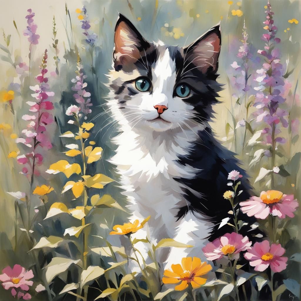 Kitten in Wildflowers: Modern Ink Painting