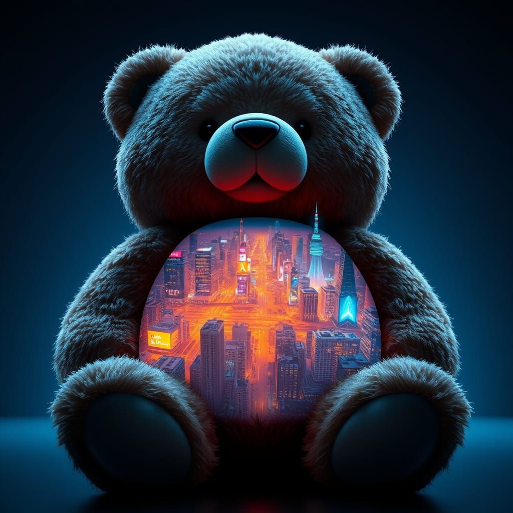 Cyberpunk Teddy Bear Unfolds Futuristic Cityscape