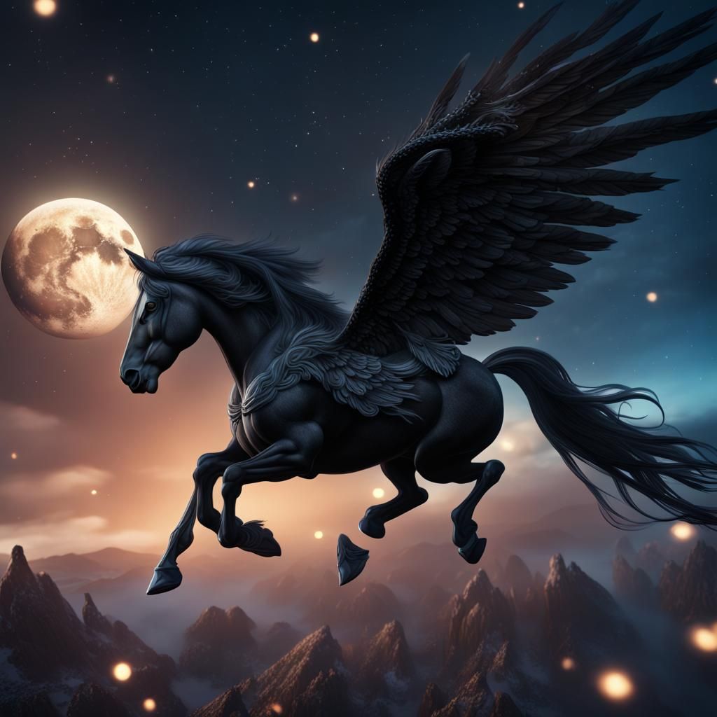 Black Pegasus in Flight Across Night Sky