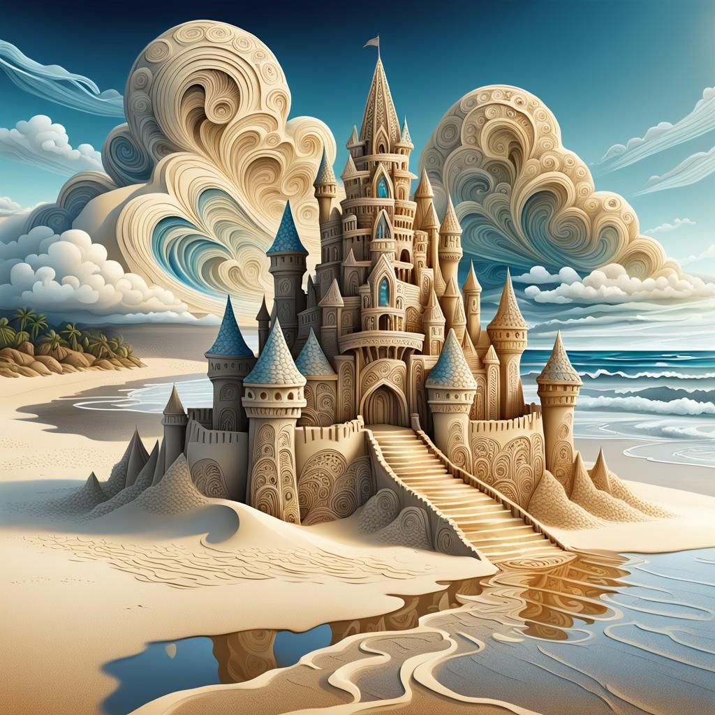 Intricate Sand Castle on Beach with Fractal Clouds