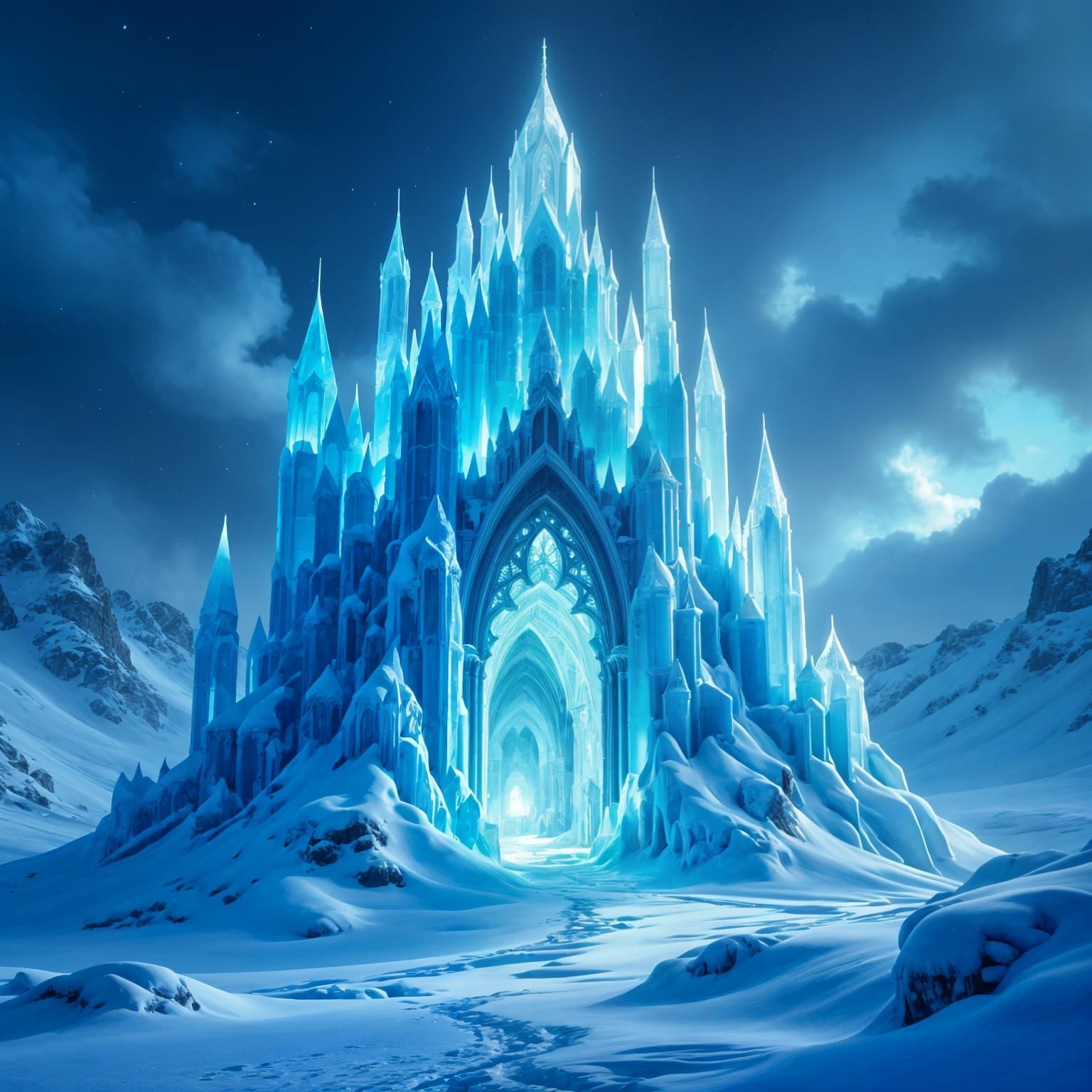 Gothic Crystal Palace of Magical Blue Ice in Winter