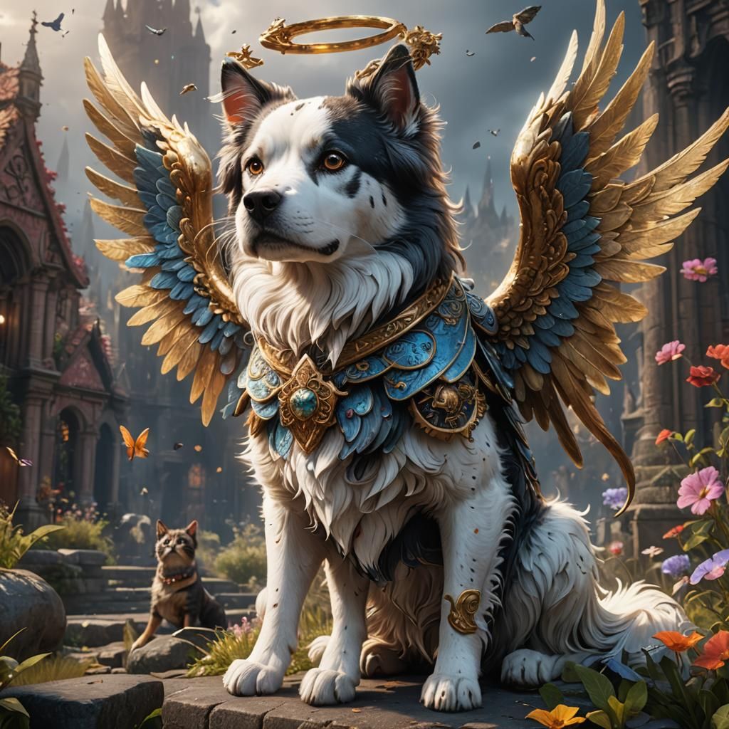 Fantastical Angel Cat and Dog Painting