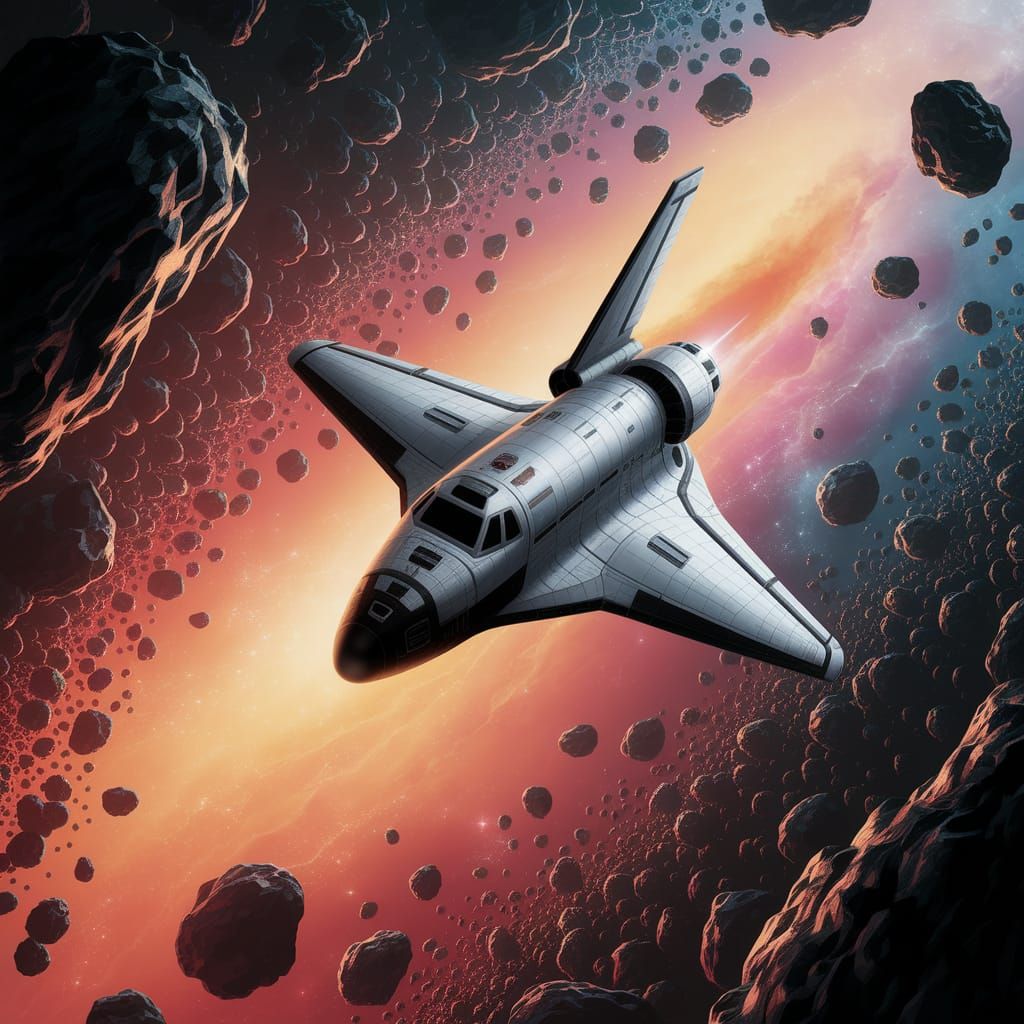 Sleek Space Shuttle Navigates Asteroid Belt in Cosmic Scene