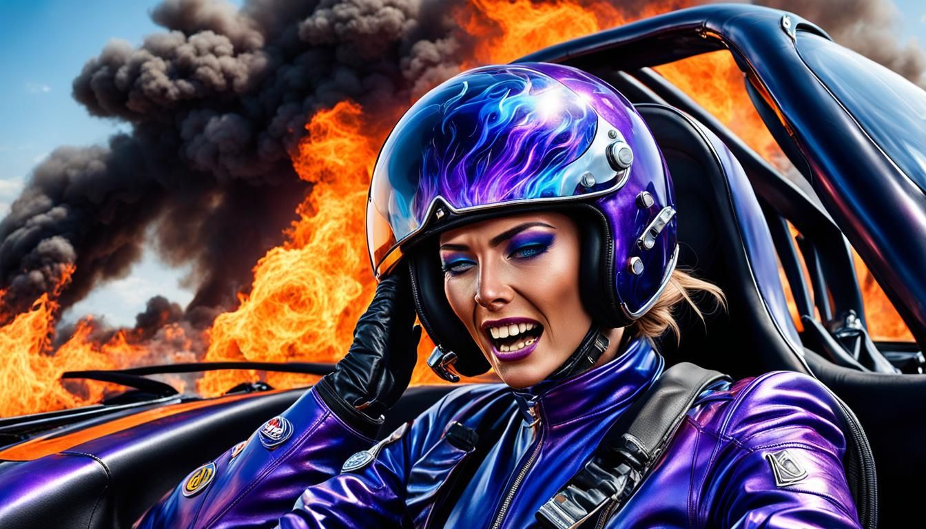 Futuristic Woman in Burning Car: Sci-Fi Art
