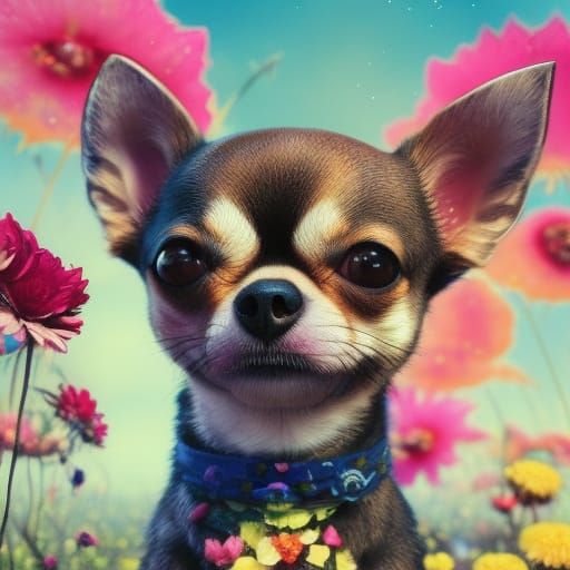 Adorable Chihuahua Puppy in Field of Flowers