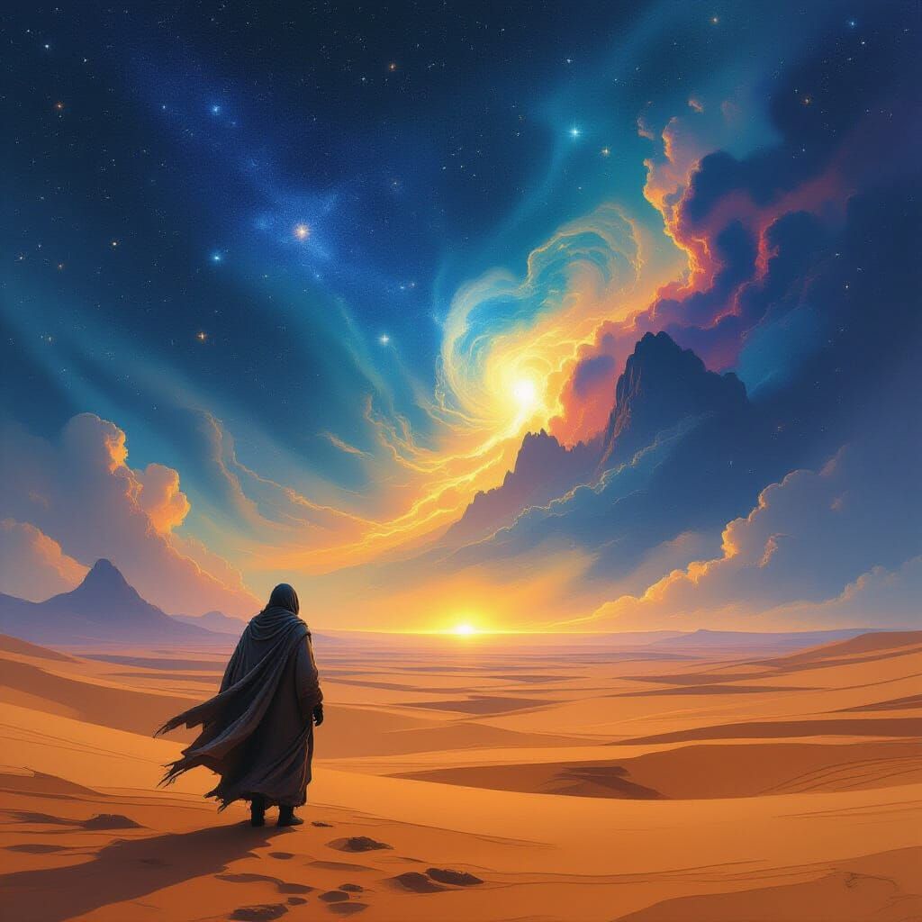 Surreal Digital Painting of Traveler Yearning for Distant Ho...
