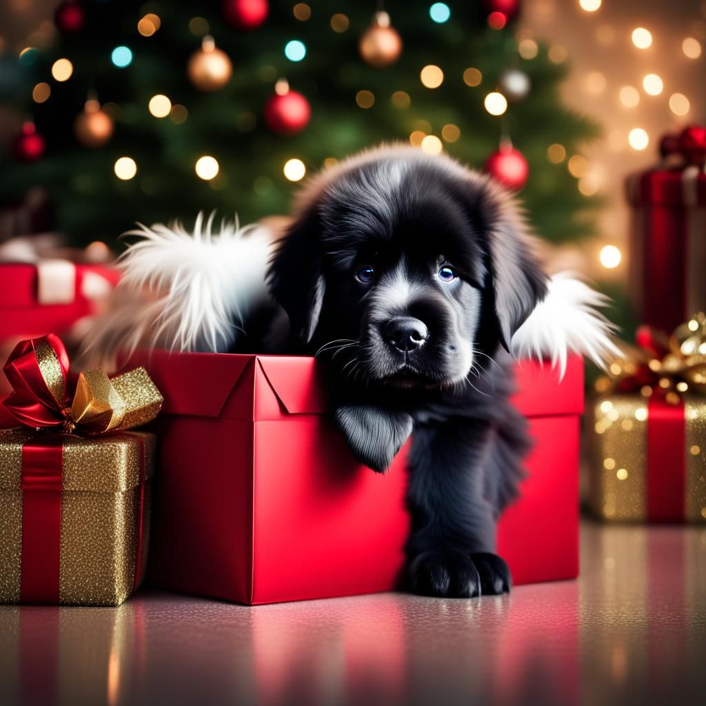 Fluffy Newfoundland Puppy Christmas Present: Matte Painting