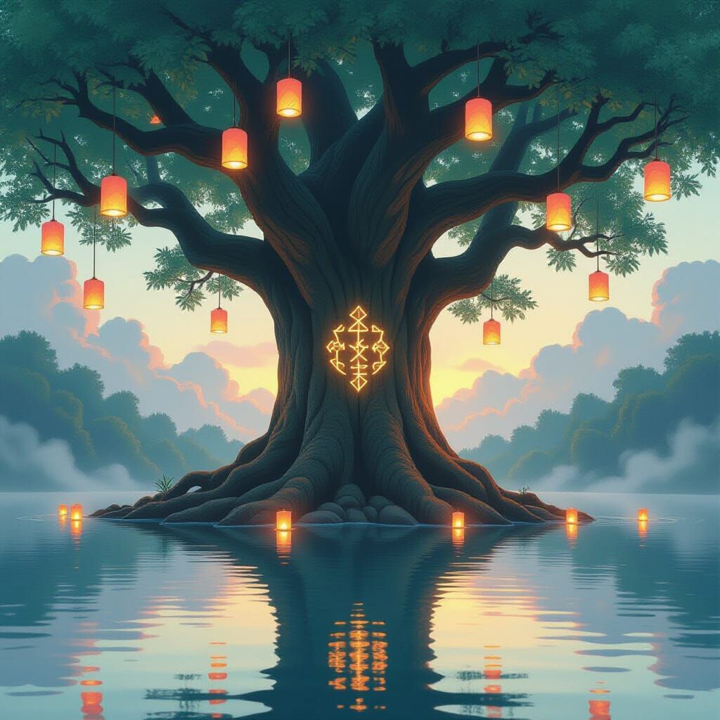 Glowing Runes Adorn Ancient Tree in Dreamy Lake