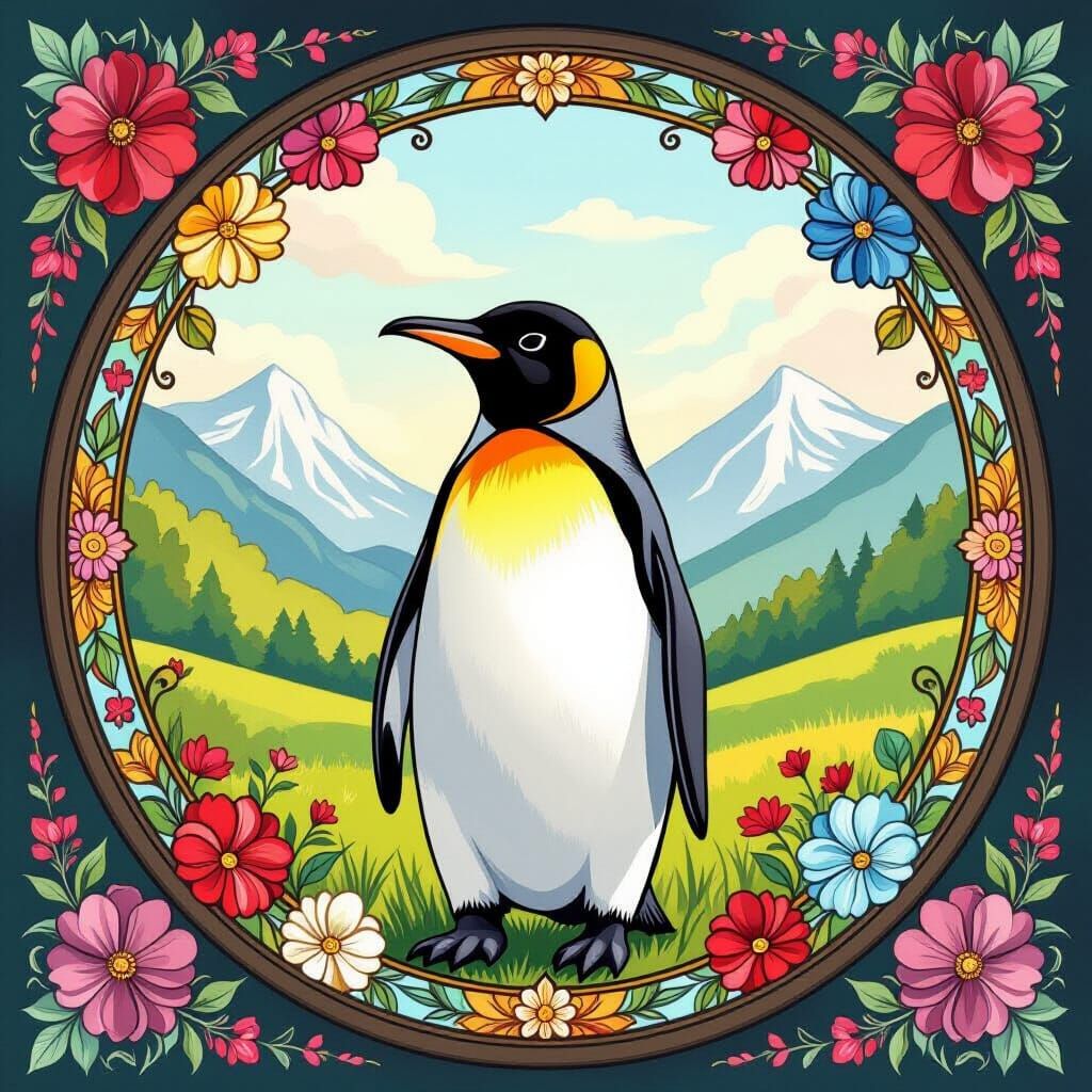 Glossy Watercolor Penguin in Stained Glass Window