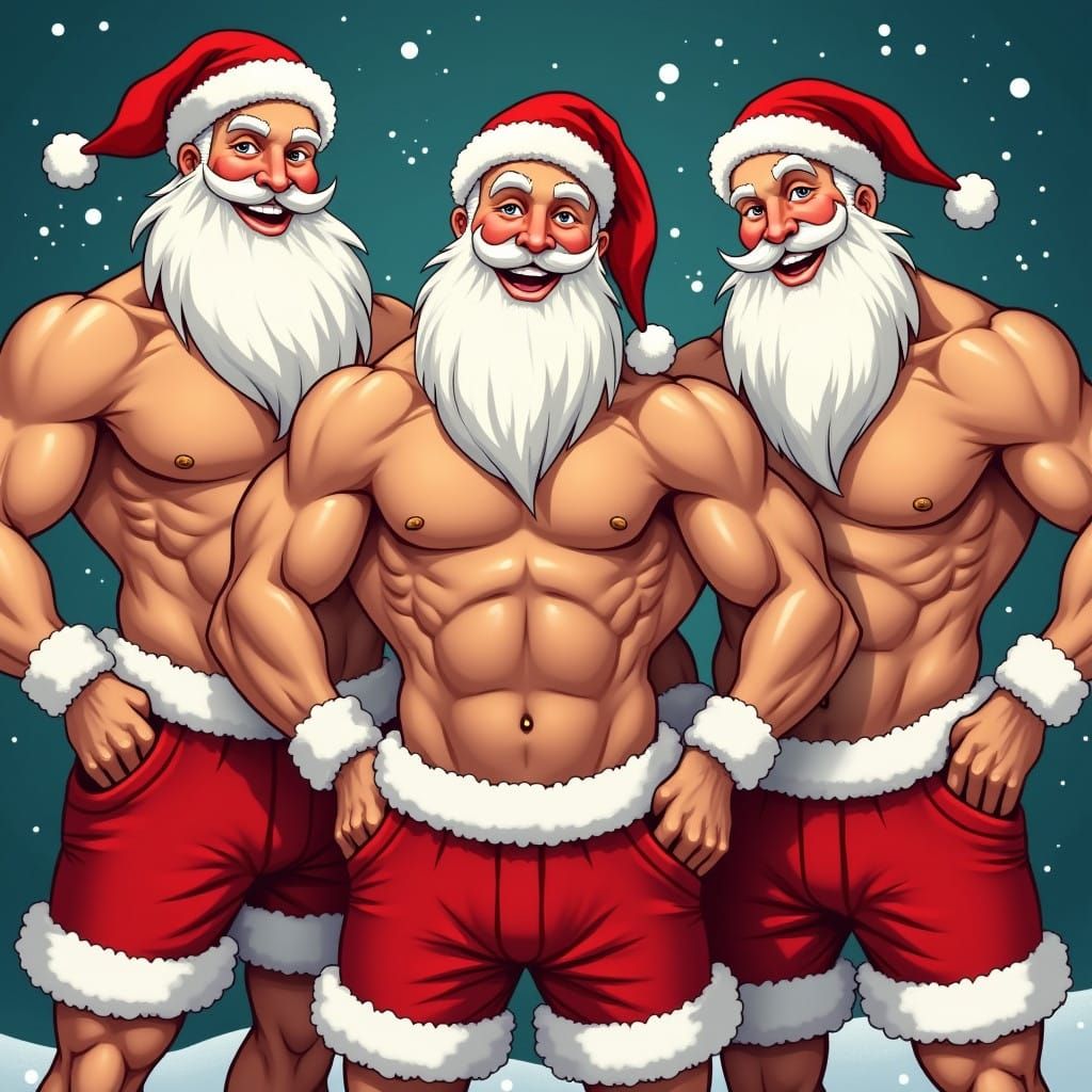 Three Muscular Santas Pose in Vibrant Holiday Setting