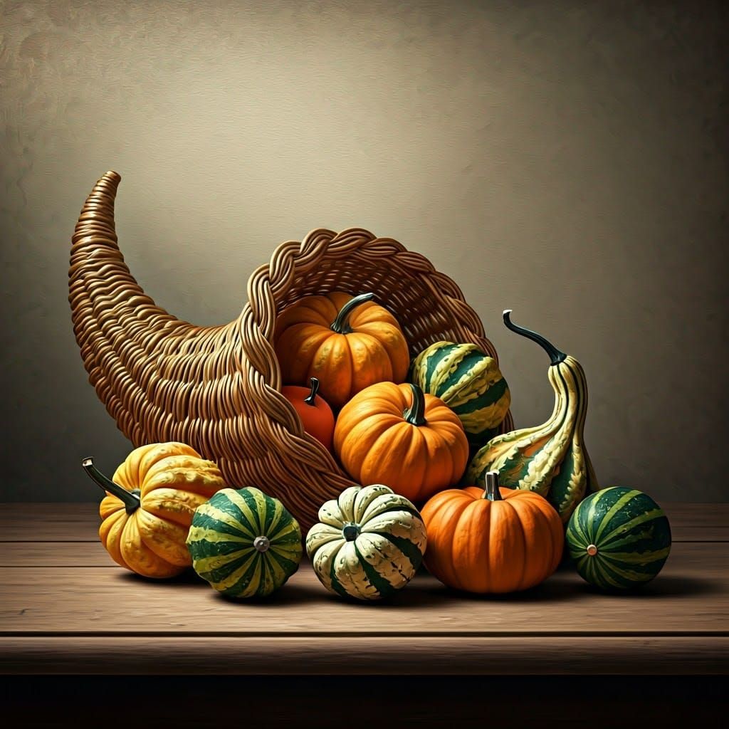 Golden Cornucopia with Autumn Gourds Still Life