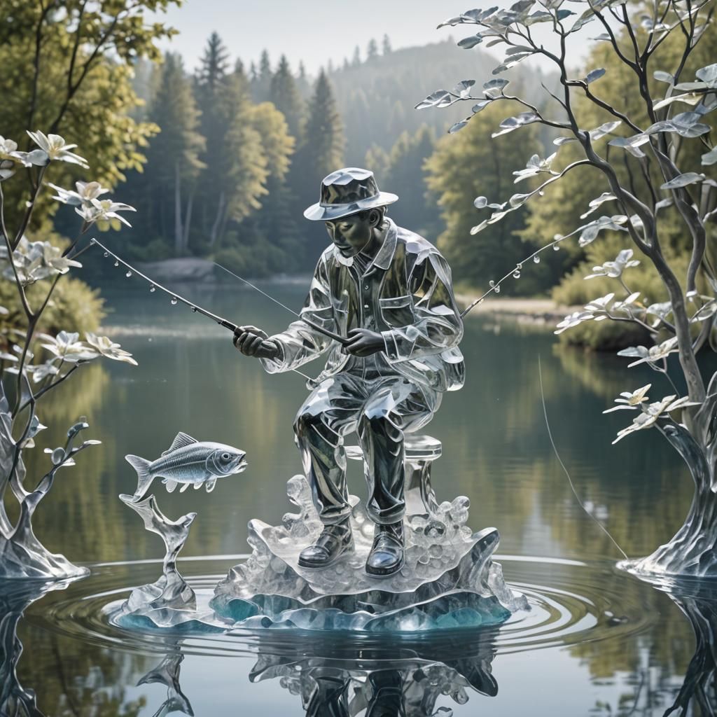Crystal Sculpture of Fisherman by Serene Lake