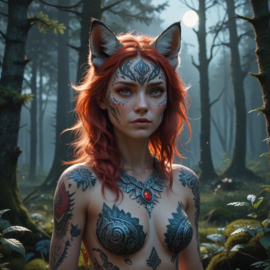 Ethereal Fox-Werewolf Goddess Freya Under the Moonlit Forest