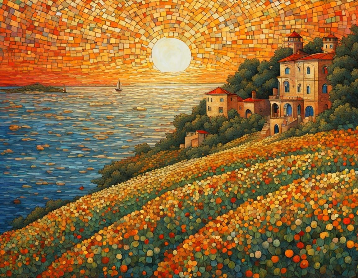 Art Nouveau Mosaic of Italian Village at Sunset