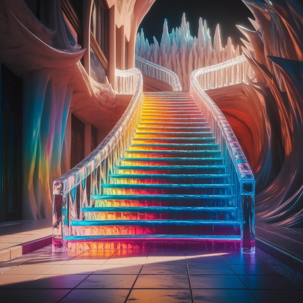 Rainbow Ice Stairs in a Dark Fantasy Landscape