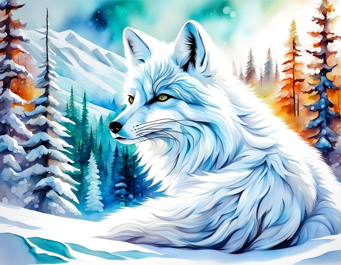 White Fox in Winter Forest Landscape as Alcohol Ink Art