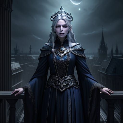 Regal Witch in Moonlight Cityscape