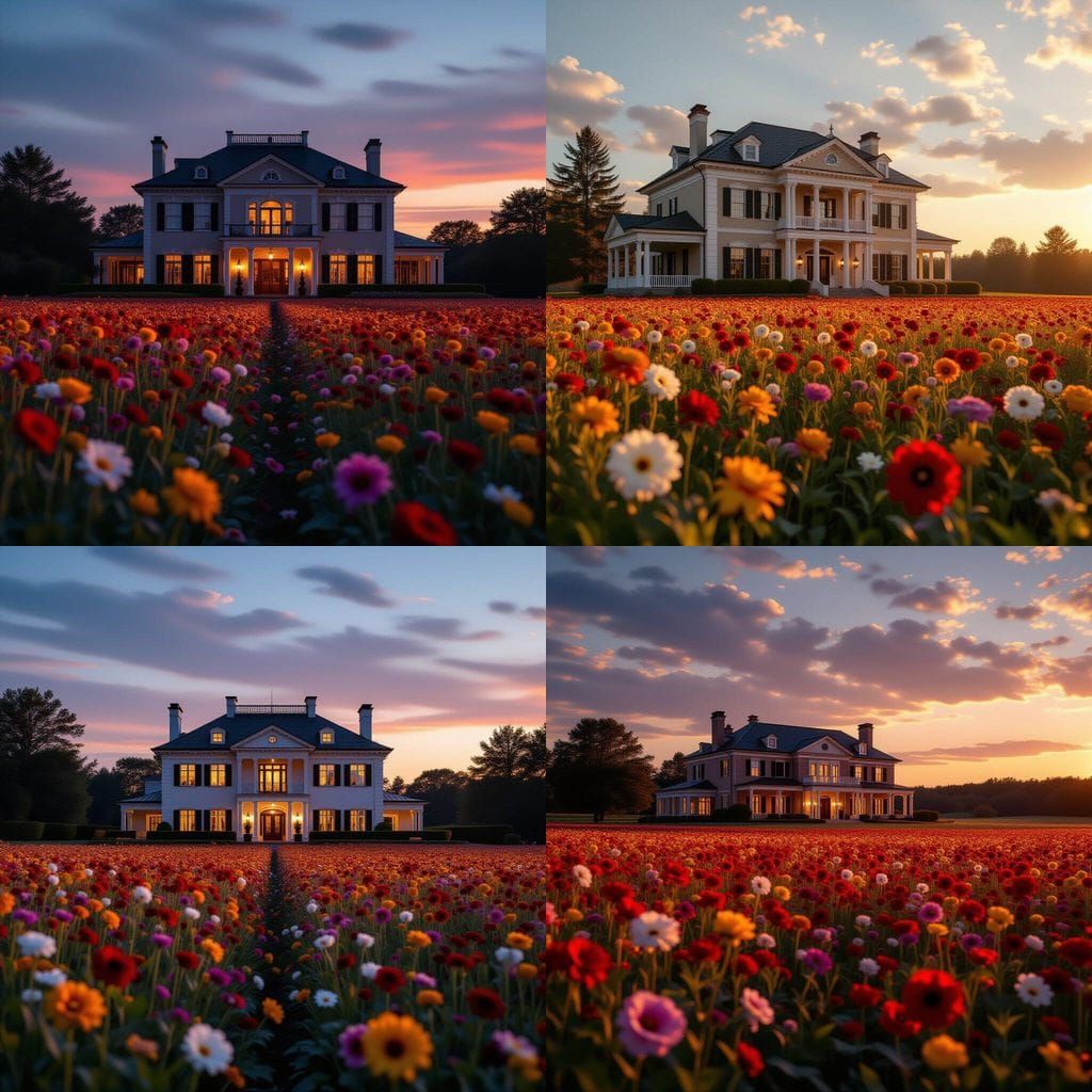 Cinematic Mansion Surrounded by Flower Field