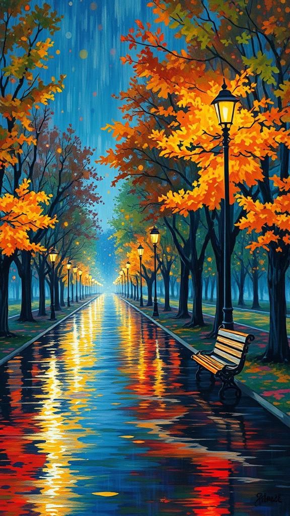 Colorful Rainy Night Park in Impasto Style