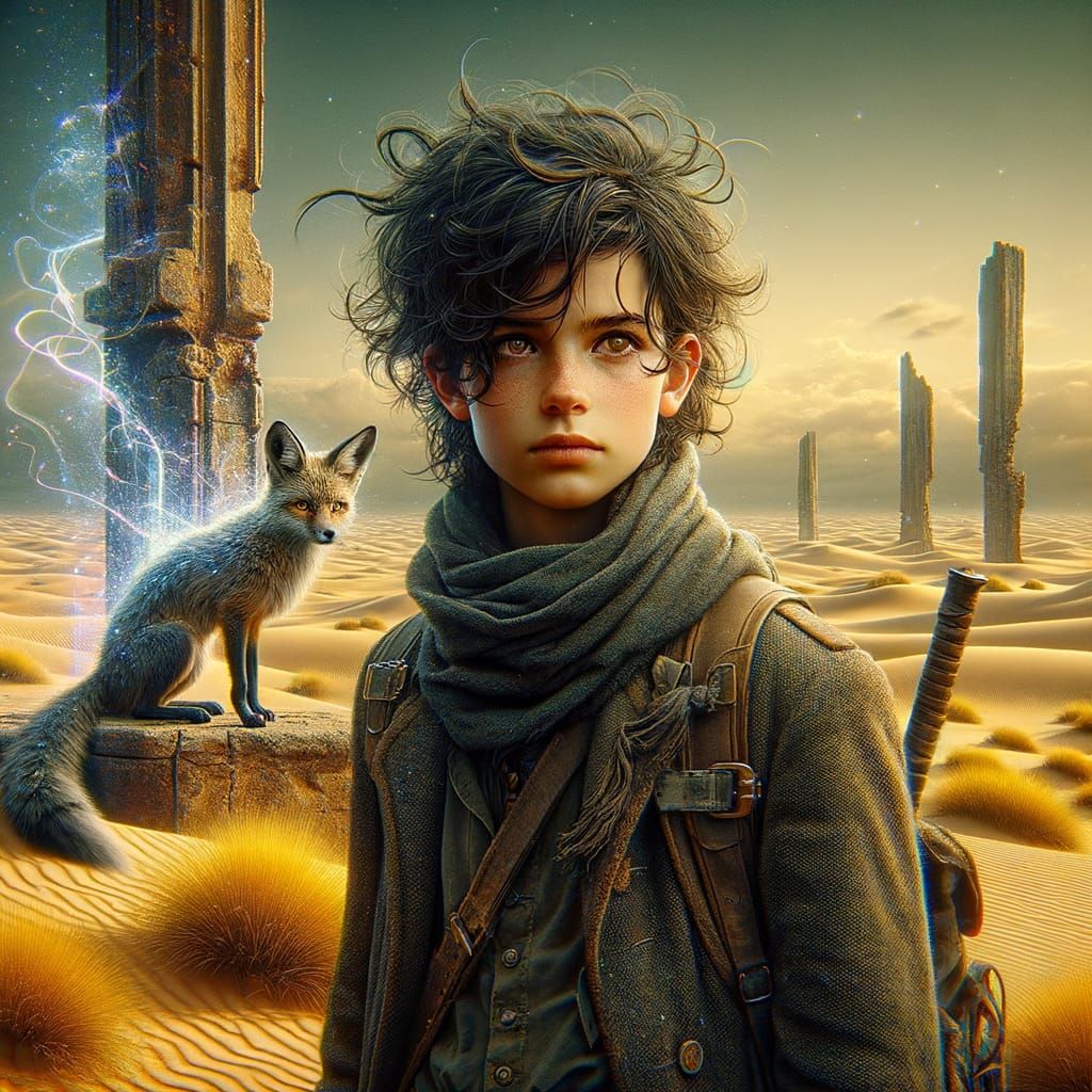 Girl and Fox on Alien Planet in Digital Double Exposure