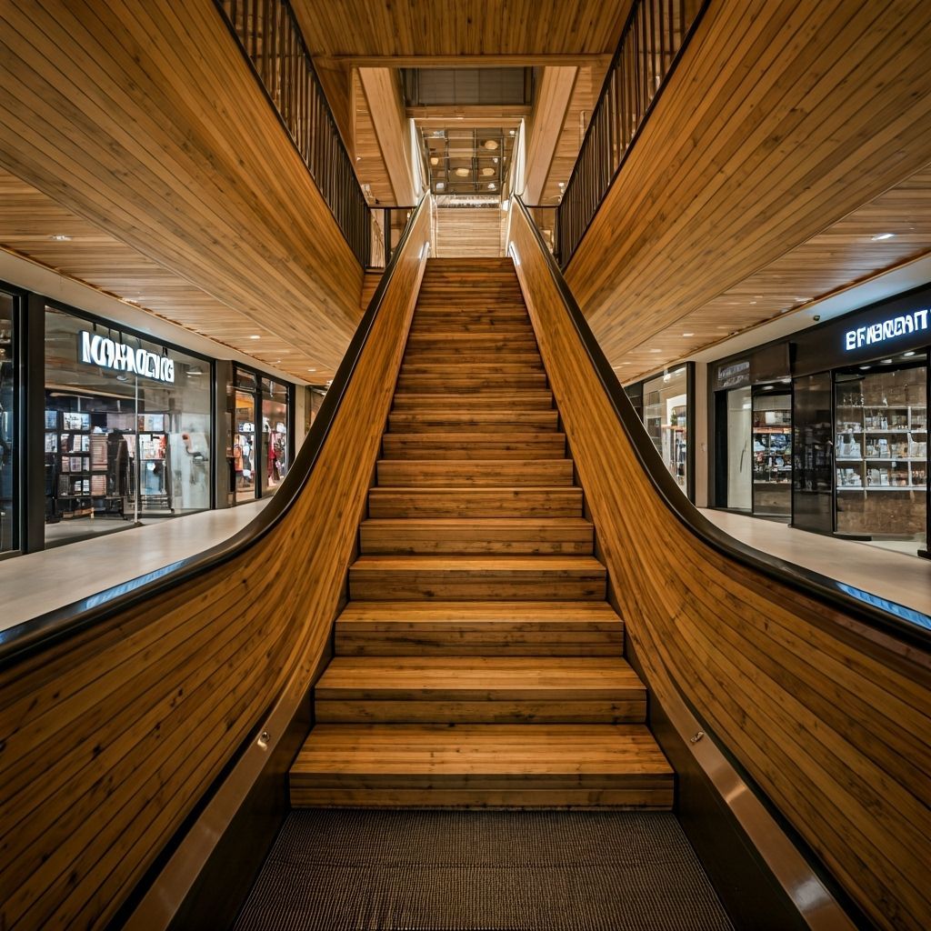 Wooden Escalator Inside a Shopping Mall