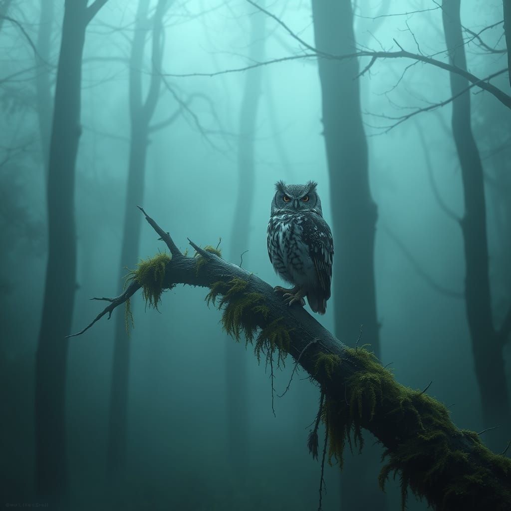 Eerie Owl Perched in Misty Forest