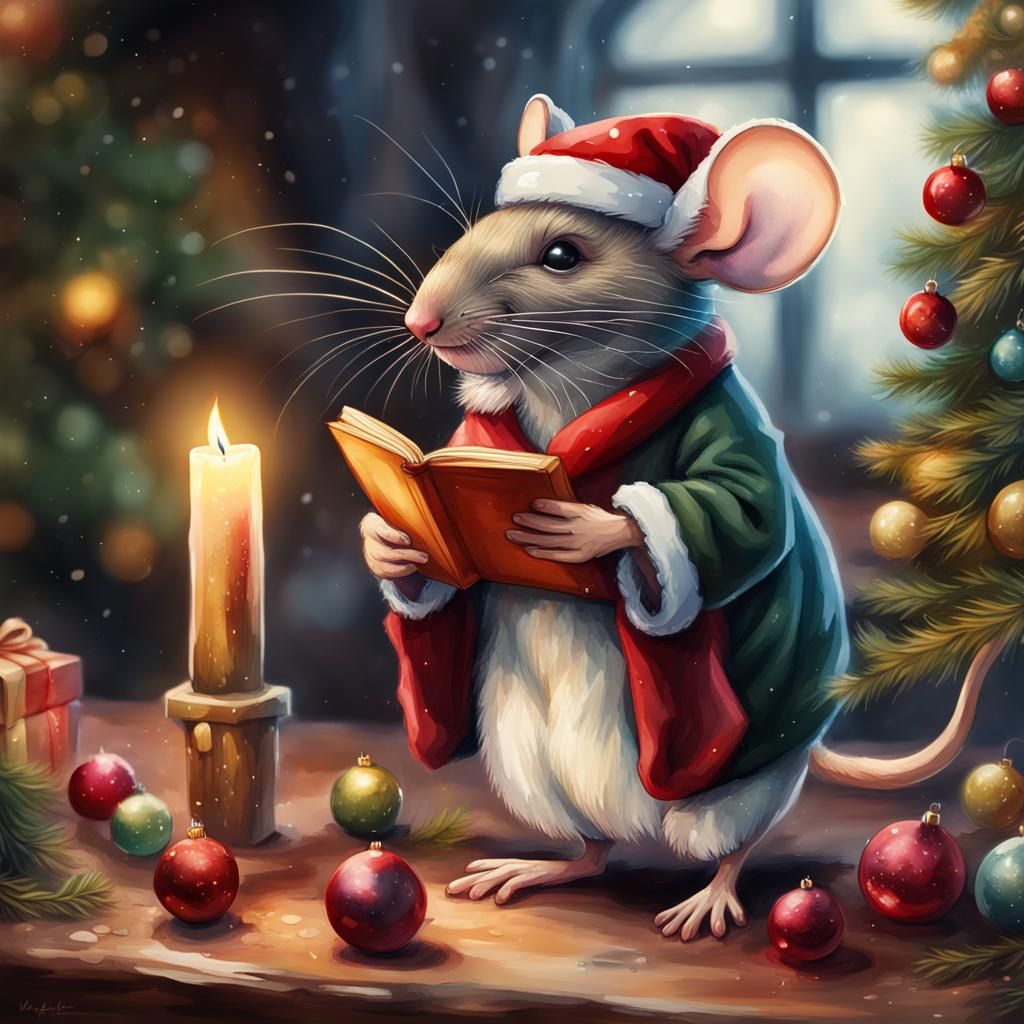 Festive Christmas Mouse Digital Watercolor Illustration