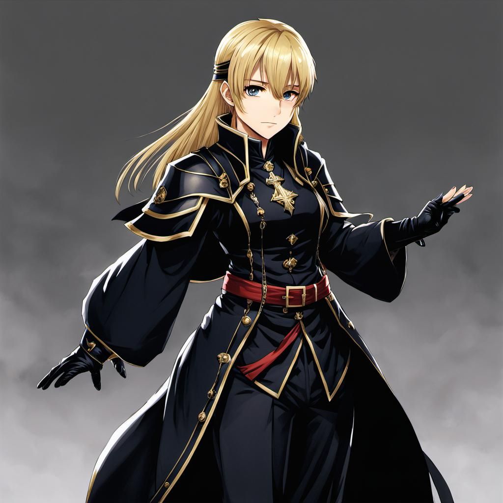 Kachua Powell in Black Priest Outfit, Anime Style
