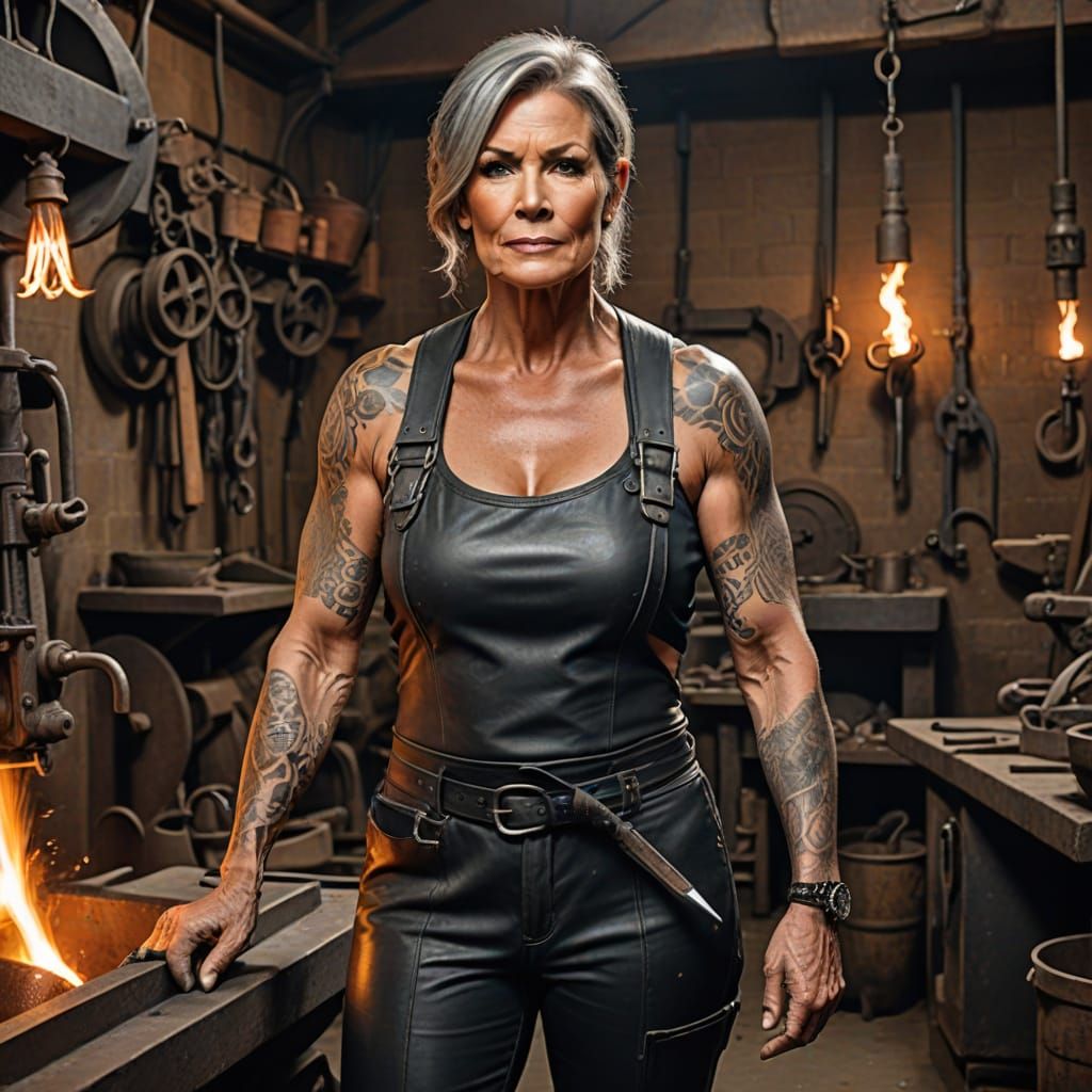 Muscular Blacksmith Woman in Leather Suit