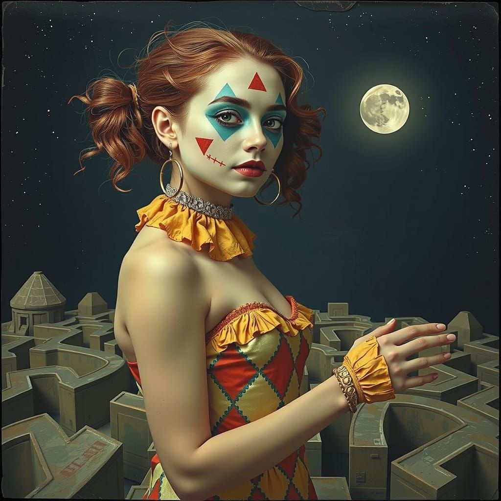 Harlequin in Geometric Maze: Photorealistic Optical Illusion