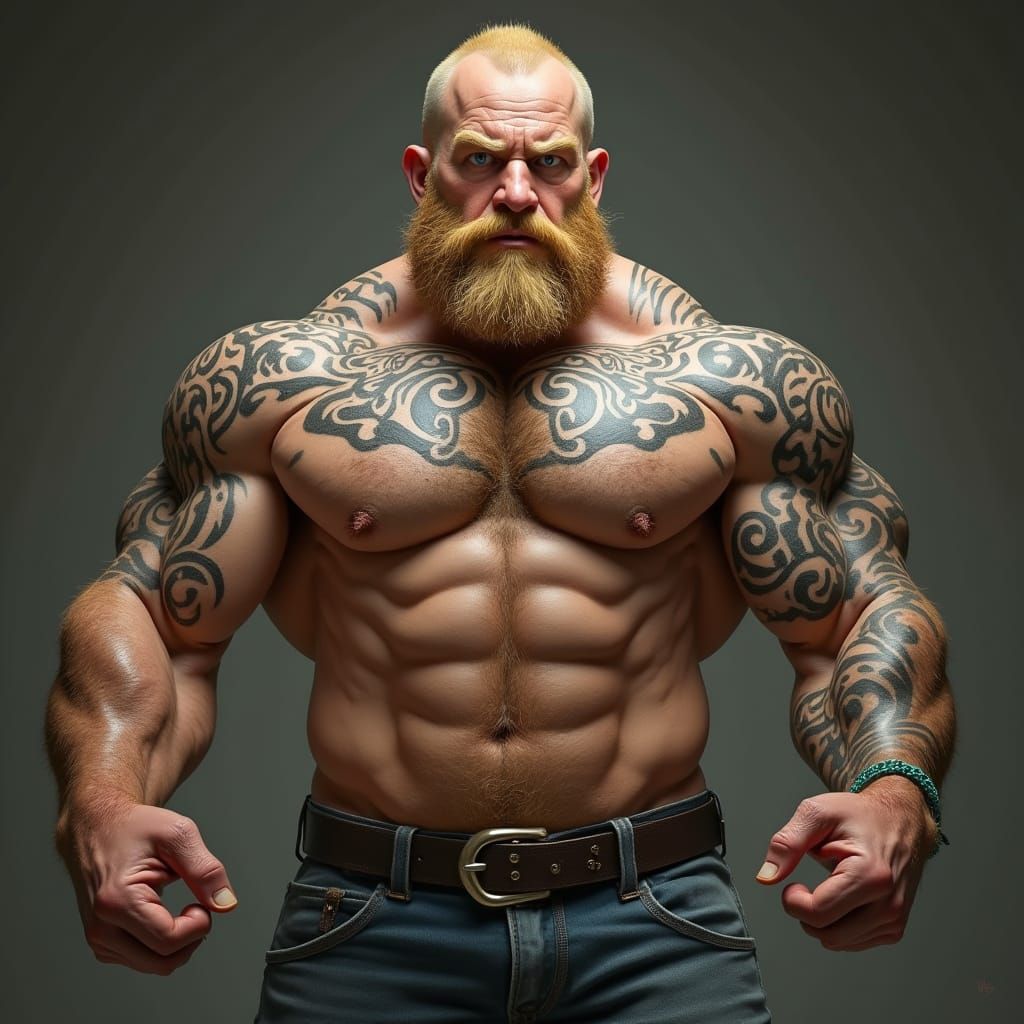 Hyperrealistic Muscle Daddy in Tribal Tattoos and Body Hair