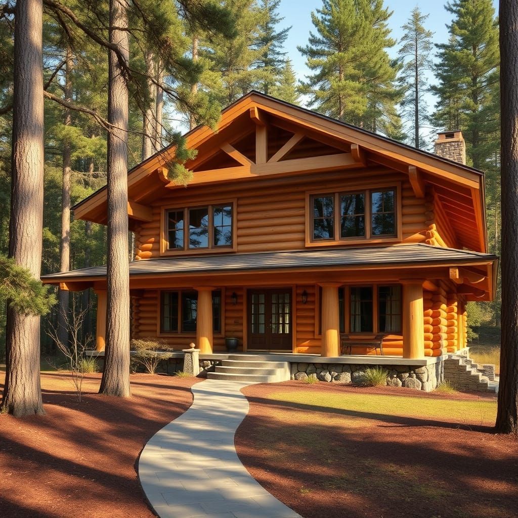 Organic Wood Log Cabin in Lush Forest Landscape