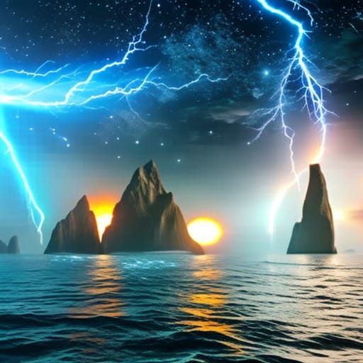 Cosmic Storm Over Pirate Ships: Hyperrealistic Scene