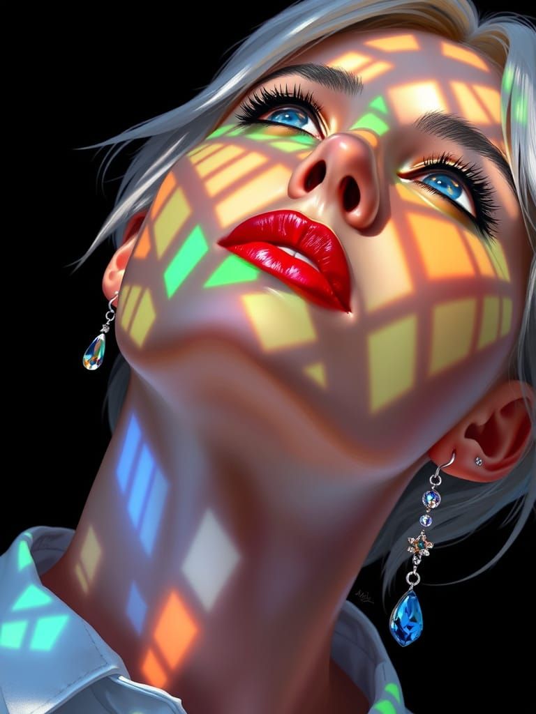 Person Bathed in Stained-Glass Light: Digital Painting
