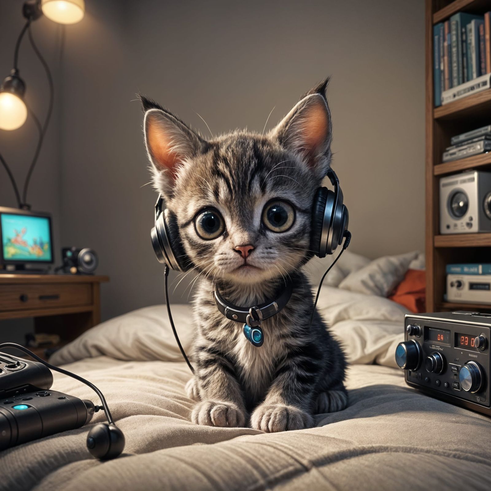 Cartoon Kitten Listening to Music: Pixar Style