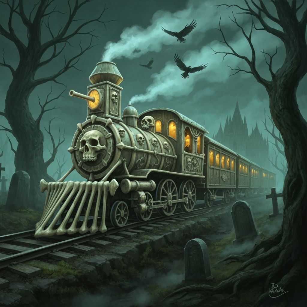Spectral Bone Train Through Graveyard, in Dark Fantasy Style